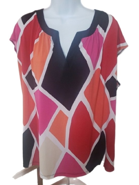 Worthington Tops - Worthington Geometric Blouse - Red, Pink, and Black, 3X